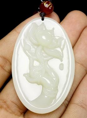 本命年新疆和田玉佛手莲花吊坠精雕和田玉白玉伸手来财花开见佛玉