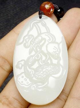 本命年工艺品新疆和田玉仙鹤莲花玉坠精雕仙鹤添福好运连连玉石吊