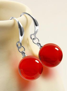 本命年酒红血珀耳环鸡油黄老蜜圆珠耳坠12m镶嵌耳饰琥珀925银耳勾