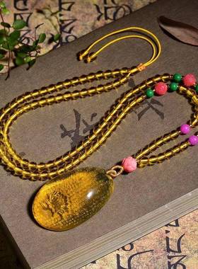 本命年珀心经牌子阴雕莲花琥珀吊坠男女款蜜蜡挂件礼物