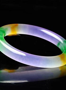 本命年冰种三彩福禄寿玉手镯女款石英岩玉圆条三色玉镯翠绿色玉镯