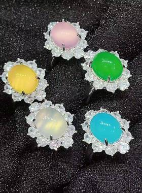 本命年银镶嵌绿玉髓卡通米老鼠女戒翡翠绿玛瑙款玉石活口戒指礼物