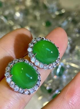 本命年简约起光绿玉髓蛋面耳钉百搭绿色玉石玛瑙女耳坠饰品满绿葫