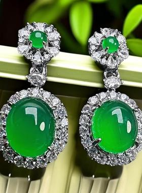 本命年925银镶嵌阳绿玉髓耳坠媲美翡翠色粉蛋面百搭耳环礼物