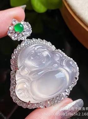 本命年马料高冰玉髓吊坠银镶嵌弥勒佛公树叶豆子悟道玛瑙玉石项链