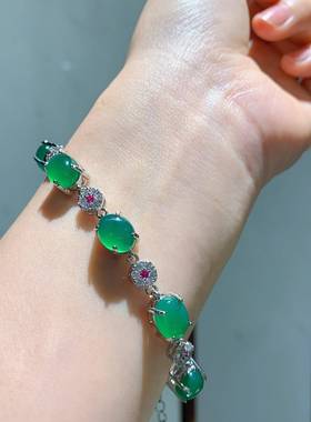 本命年玉髓翡翠绿起荧光手链圆形镶钻玉石手串女士手饰生日饰品礼