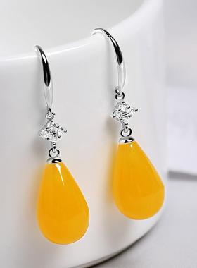 本命年琥珀蜜蜡耳环银耳坠女银饰耳钩红色潮耳饰水滴礼物