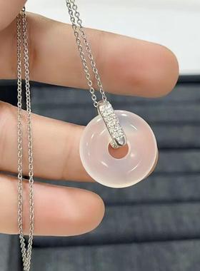 本命年银镶嵌冰种白玉髓平安扣吊坠粉玛瑙翡翠玉石平安扣项链礼物