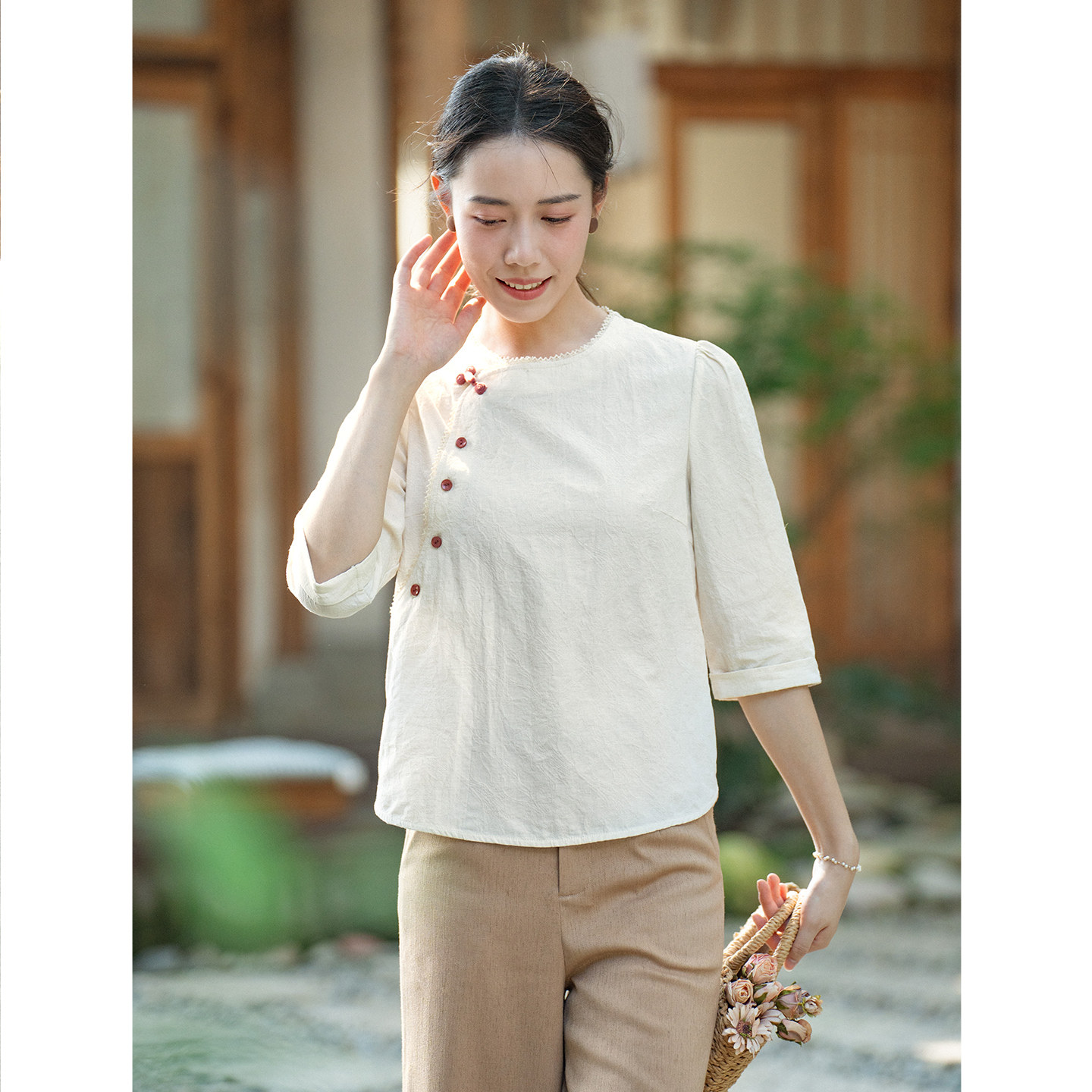 纻衣米杏色提花棉新中式文艺衬衫女2025秋装新品宽松通勤百搭上衣,淘宝优惠券,粉丝福利购,淘宝优惠卷