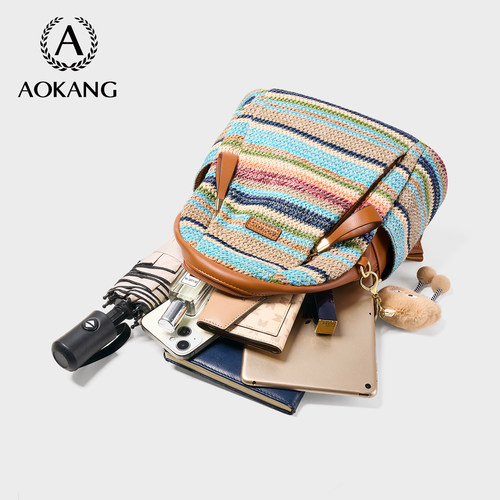 奥康双肩包女2025新款编织包大学生书包2026大容量登山包旅行背包 - 图2