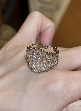 复古咖啡金水晶叠戴戒指女轻奢高级感食指戒开口可调节指环