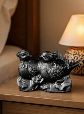 正品配证天然黑曜石鸳鸯摆件一对