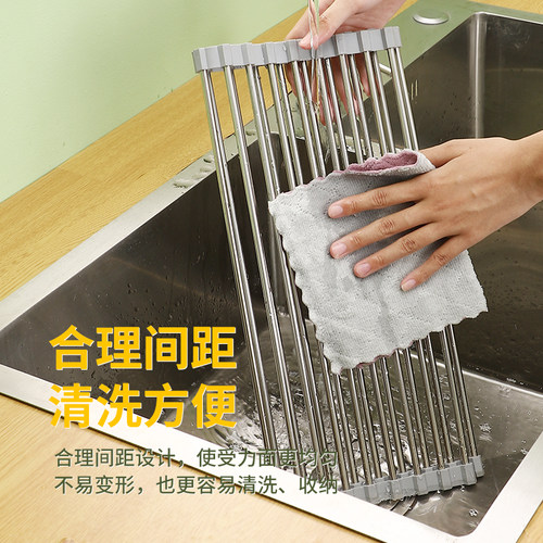加厚不锈钢沥水卷帘厨房水槽沥碗碟架可折叠沥水架防霉硅胶置物架 - 图1
