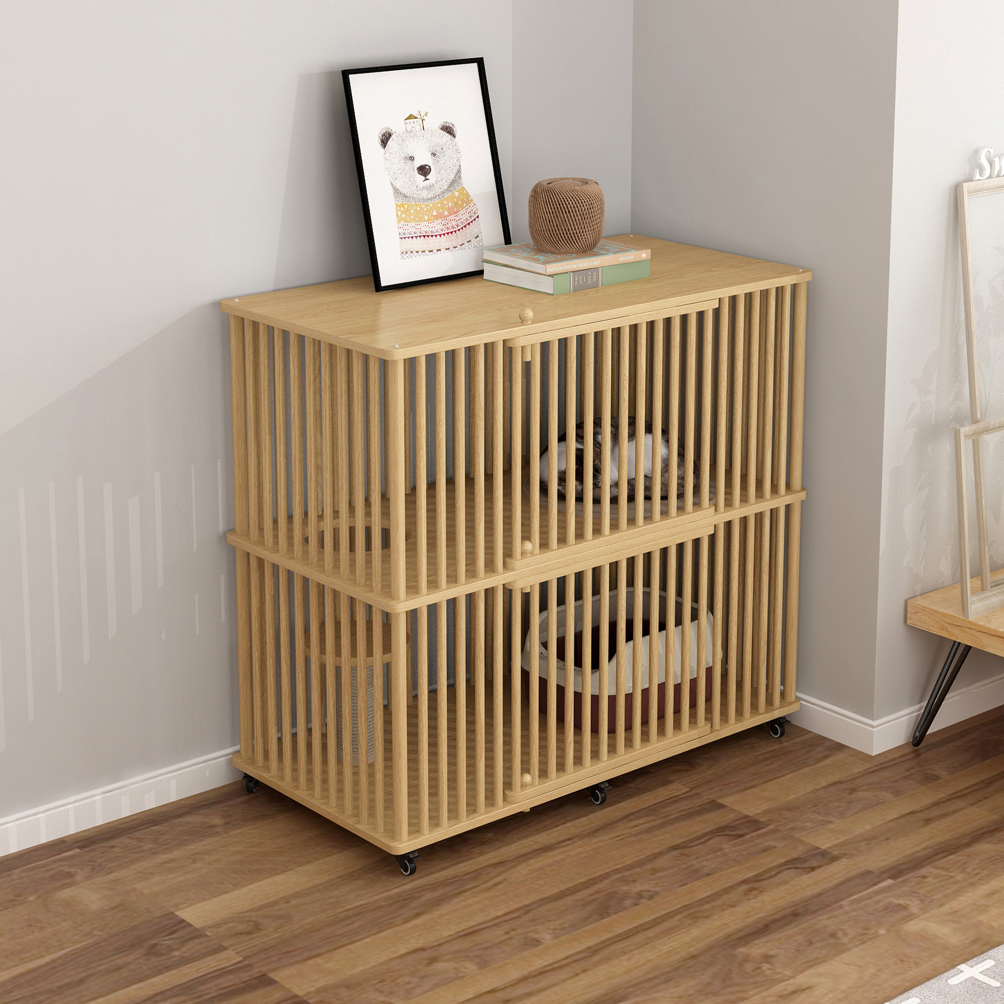 艺琪 实木猫笼子家用室内猫别墅猫柜子超大自由空间猫屋房猫柜子,淘宝优惠券,粉丝福利购,淘宝优惠卷