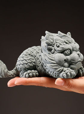 青砂石雕刻瑞兽麒麟鱼缸造景国风招财家居客厅桌面茶宠可养摆件