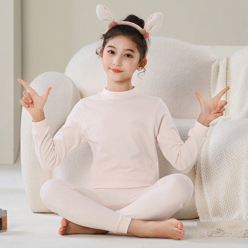 儿童秋衣秋裤套装纯棉男童半高领保暖内衣女童大童彩棉中领打底衫 - 图2