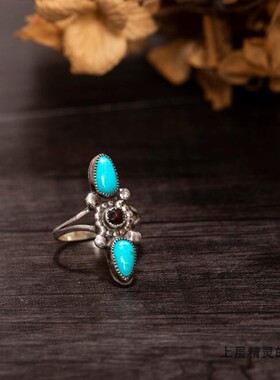 上层精灵的庭院∮印第安Navajo老银手工古董蓝绿松石戒指 孤品