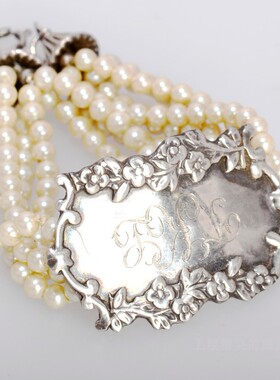 SOLD上层精灵的庭院∮古董维多利亚时代纯银花体铭牌多股珍珠手链