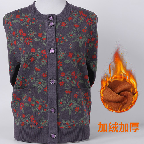 老年人秋冬装女毛衣开衫外套奶奶装羊毛衫加绒针织衫老太太上衣服 - 图2