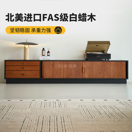 时慢电视柜黑色法式复古落地矮柜小户型客厅实木中古风电视机柜 - 图1