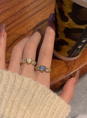 网红猫眼石戒指爱心心形法式温柔精致锆石满钻叠戴减龄开口指环