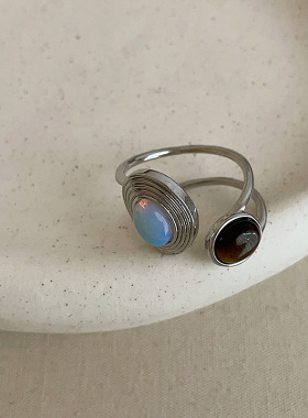 设计感虎眼石几何双层金属戒指女个性独特小众时尚潮流指环戒子