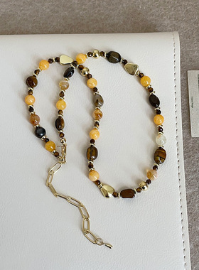 彩色天然石水晶串珠项链女美拉德复古轻奢高级时尚潮流颈链毛衣链