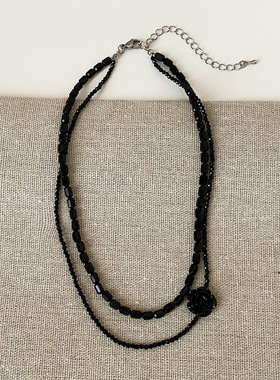 小香风山茶花双层黑色水晶串珠项链女辣妹甜酷时尚潮流颈链锁骨链