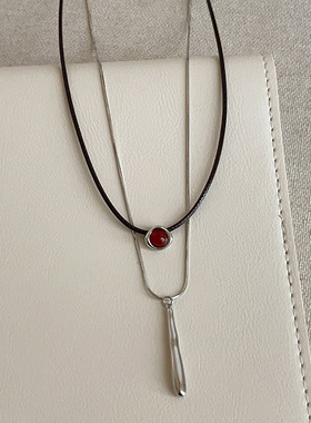 设计感水滴天然石皮绳双层项链女简约个性独特时尚潮流颈链毛衣链