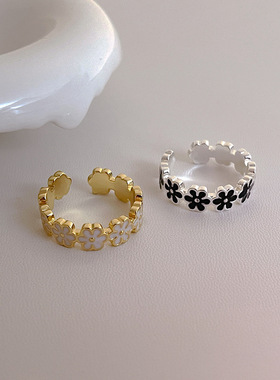 滴油黑色花朵开口戒指女小众独特