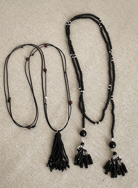 复古潮流黑色串珠流苏长款项链女新中式轻奢精致百搭颈链锁骨链