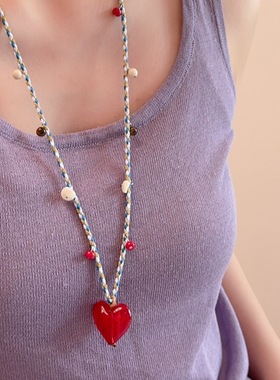 彩色编织棉绳毛衣链手编长款红色爱心项链编绳链串珠饰品吊坠配饰