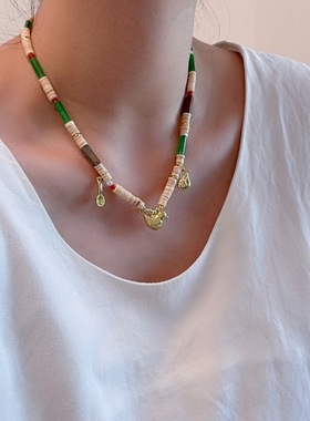 多巴胺彩色天然石串珠小鸟项链女简约潮流气质时尚百搭颈链锁骨链