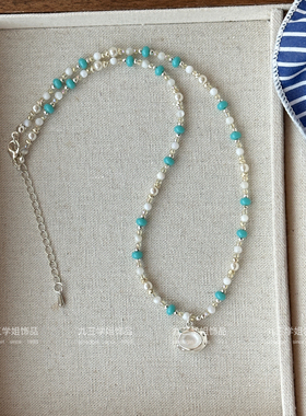 夏季新款蓝色小米珠串珠项链锁骨