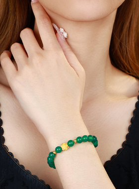 黄金镶玉手串女3D硬金莲花红天然绿玉髓手链转运珠送女友妈妈礼物