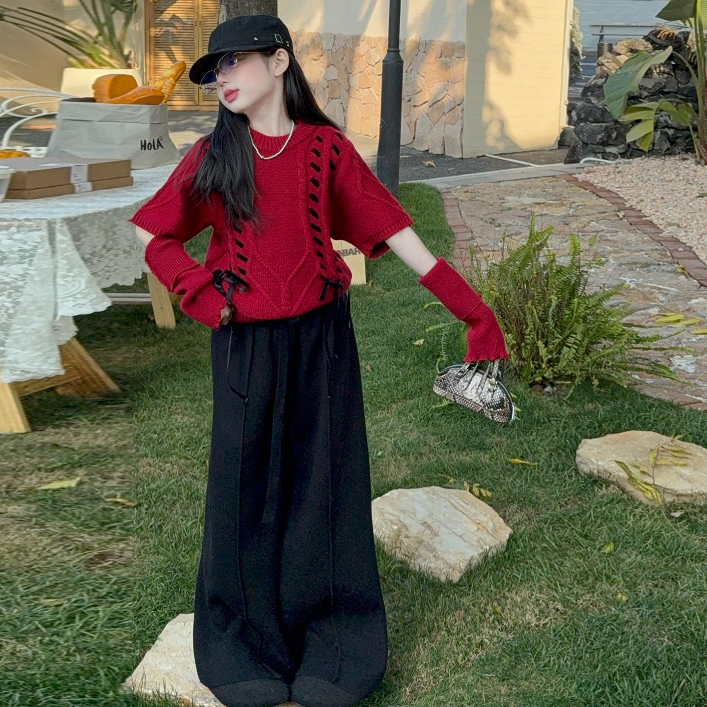 新年红色套头绑带麻花毛衣女童2026秋冬季慵懒风袖套针织衫上衣,淘宝优惠券,粉丝福利购,淘宝优惠卷