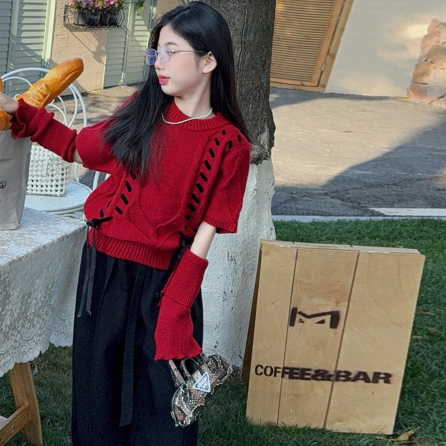 新年红色套头绑带麻花毛衣女童2026秋冬季慵懒风袖套针织衫上衣,淘宝优惠券,粉丝福利购,淘宝优惠卷