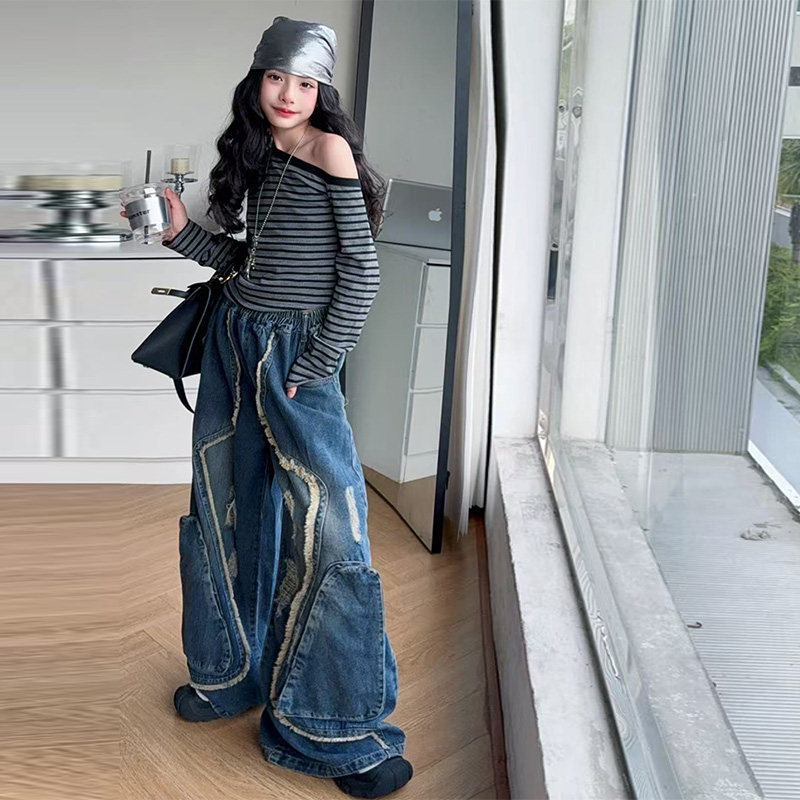 美式高街设计感解构流苏破洞牛仔裤女童2025秋季新款复古拖地裤,淘宝优惠券,粉丝福利购,淘宝优惠卷