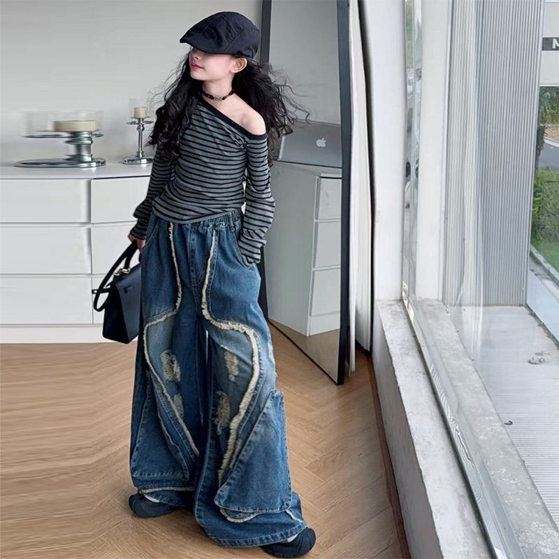 美式高街设计感解构流苏破洞牛仔裤女童2025秋季新款复古拖地裤,淘宝优惠券,粉丝福利购,淘宝优惠卷