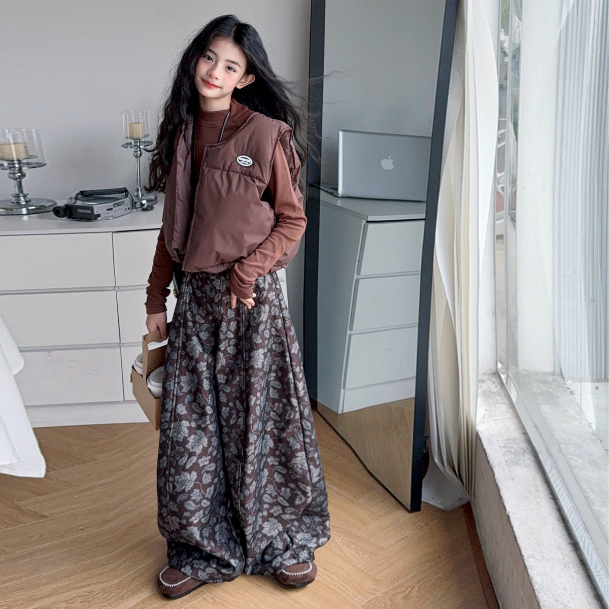 女童2025冬季新款棉马甲套装加绒打底衫加绒碎花裤子秋冬装三件套,淘宝优惠券,粉丝福利购,淘宝优惠卷