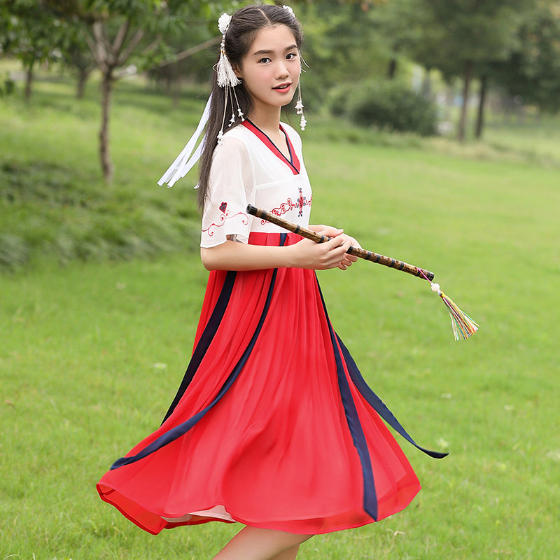 中国风少女汉服改良仙女樱花连衣裙 布依丛林民族服装/舞台装