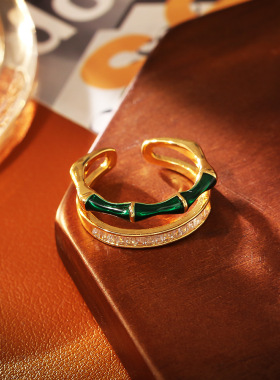 新中式竹节锆石戒指节节高精致高级感个性开口戒真金电镀活口戒子