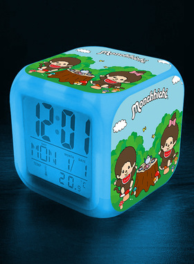 新款卡通蒙奇奇周边闹钟居家装饰摆件时钟七彩夜灯方形电子钟礼品