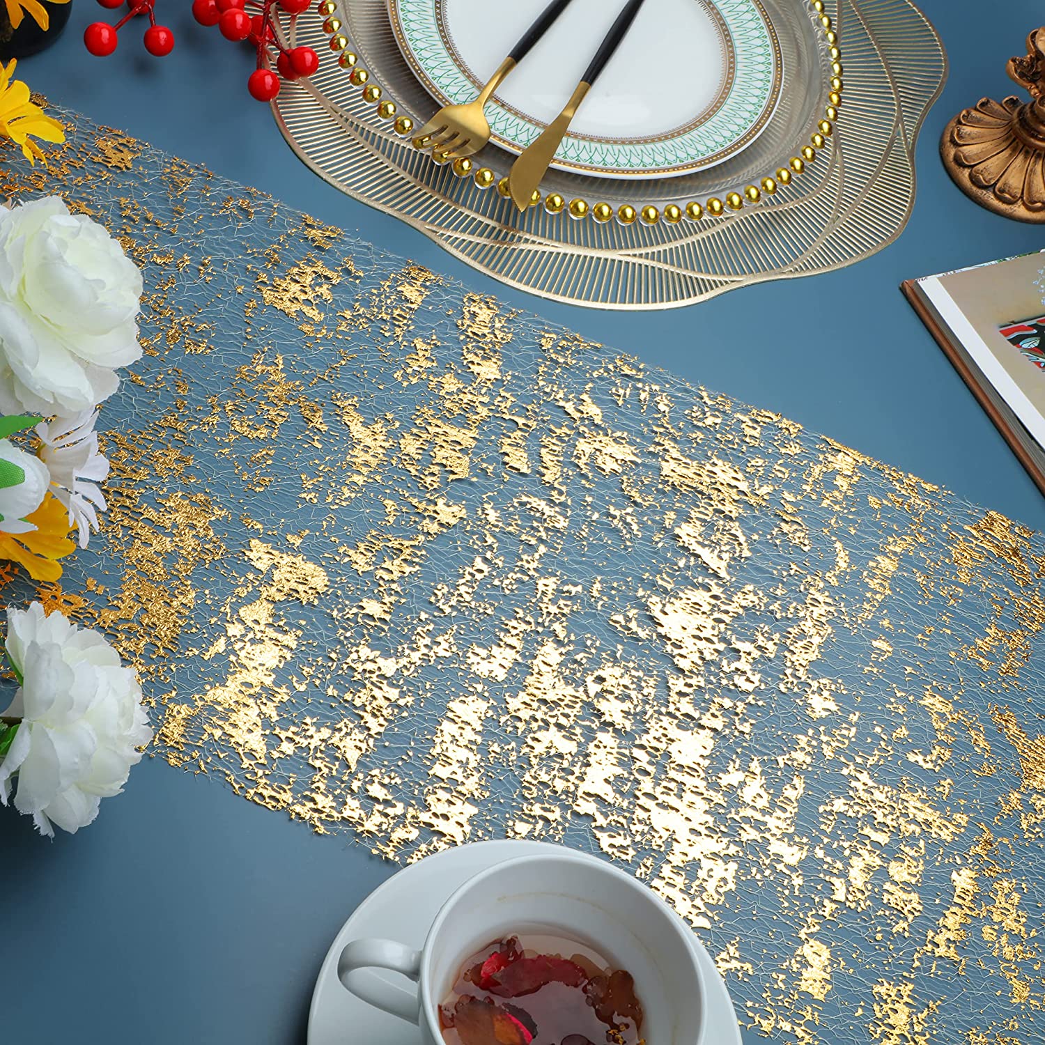 2024 New Year Table Runner golden sliver mesh Meeting Decor - 图1