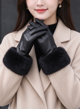 海宁绵羊皮加绒触屏女士手套