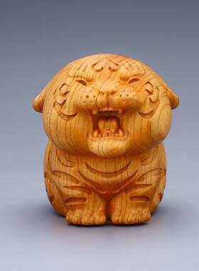 崖柏木雕萌虎文玩摆件 萌宠小老虎车载木质工艺品手把件生肖胖虎