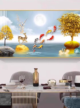 招财九鱼图餐厅装饰画轻奢现代饭厅饭店挂画酒杯新中式餐桌墙壁画
