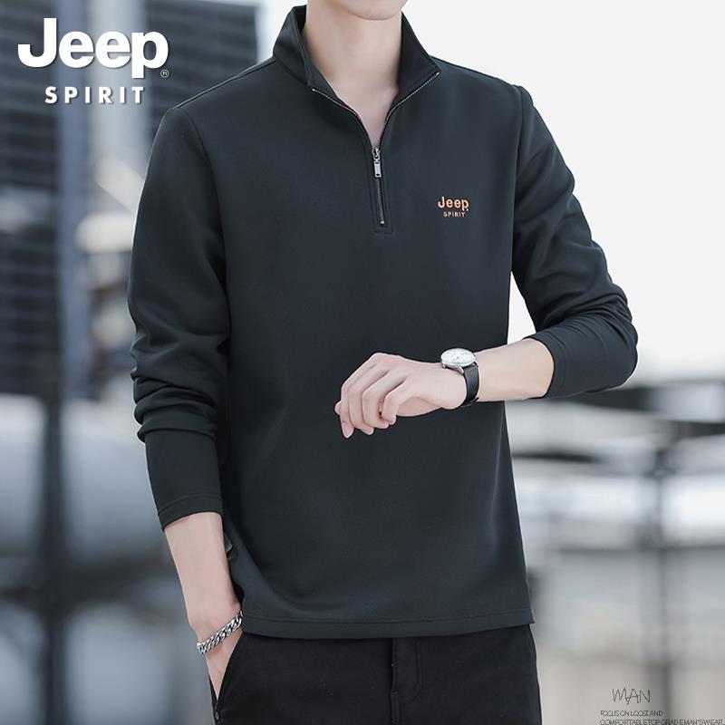 新品JEEP男士卫衣2024秋冬季新款半拉链立领上衣加绒加厚运动长袖