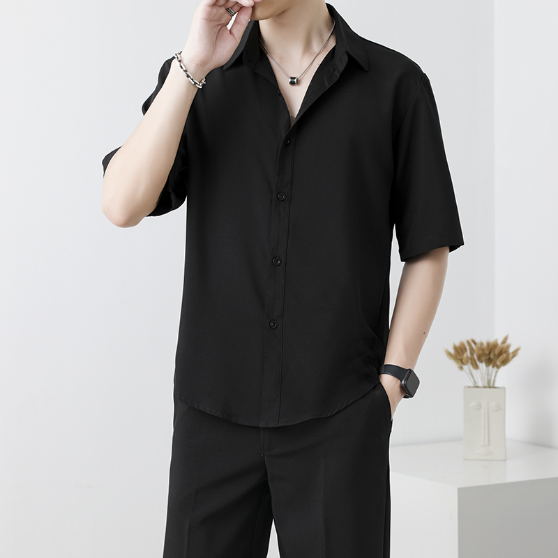 夏季冰丝薄款短袖衬衫男港风潮流商务休闲男生高级感黑色半袖衬衣 - 图0