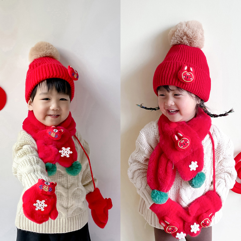 新年帽子围巾手套套装儿童冬款保暖针织男女宝宝护耳帽百搭套头帽